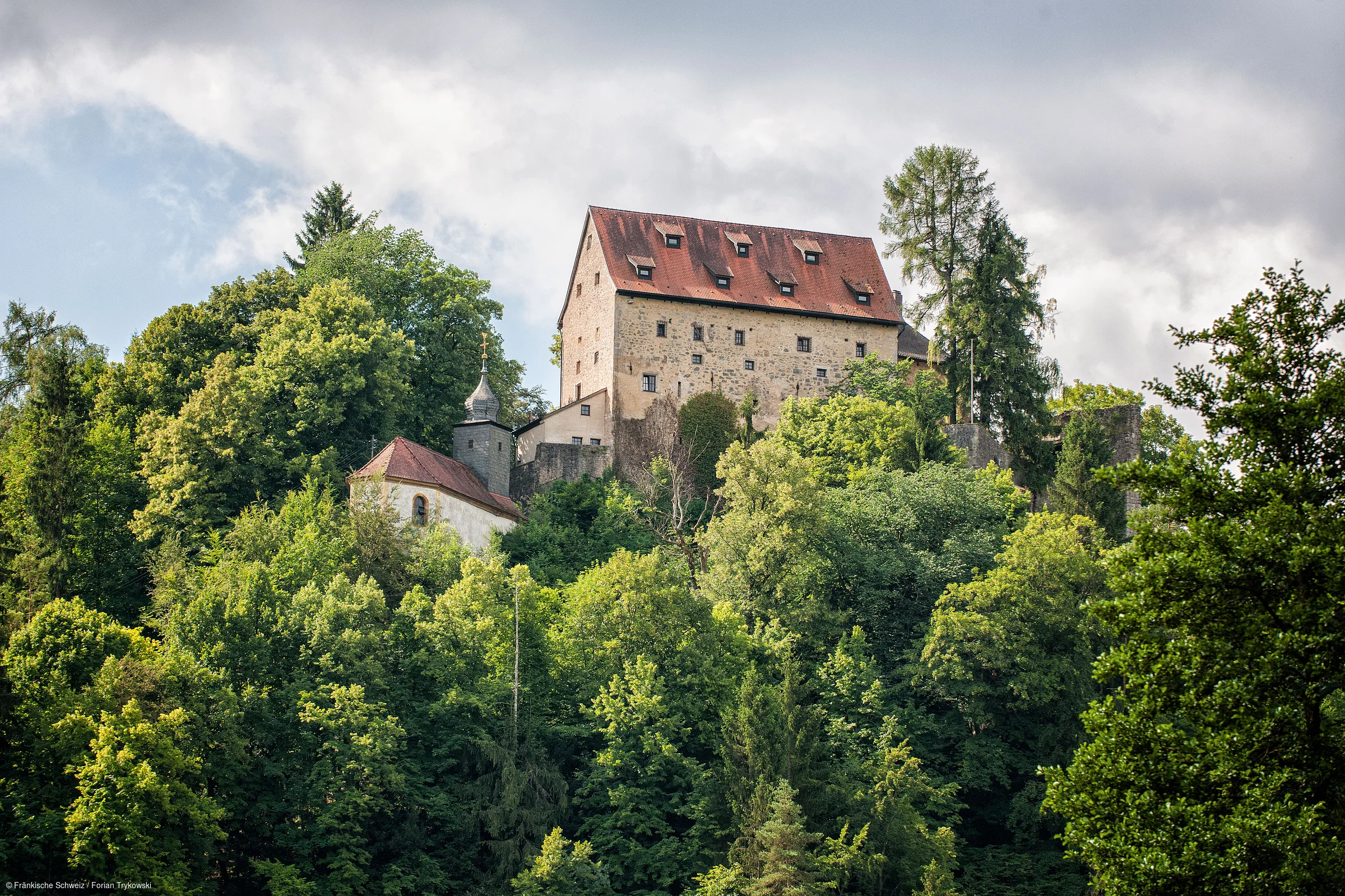 Burg mit rotem Dach auf bewaldetem Hügel unter bewölktem Himmel.