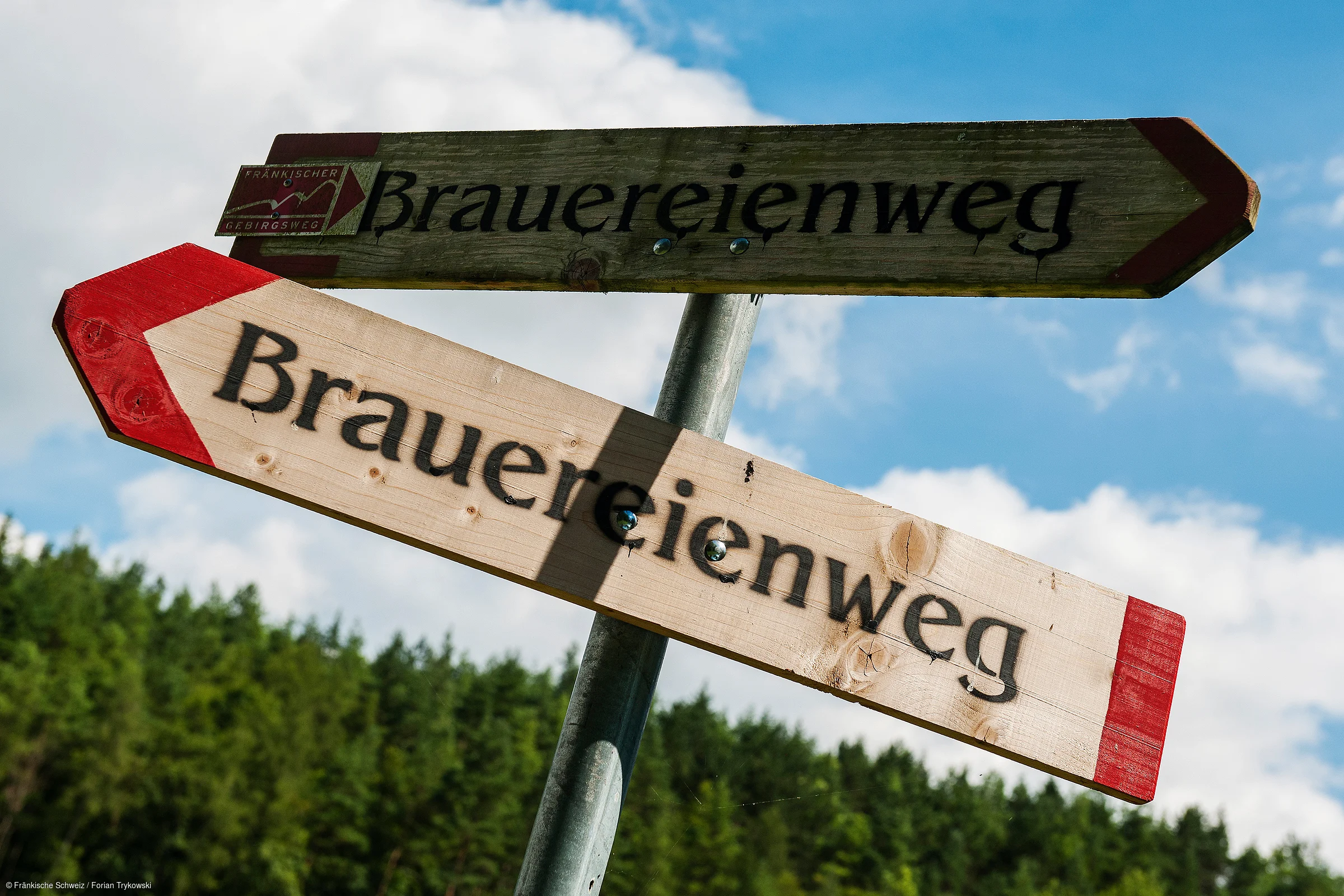 Zwei hölzerne Wegweiser mit der Aufschrift „Brauereienweg“ vor blauem Himmel und Wald im Hintergrund.