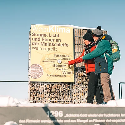 Zwei Personen lesen eine Infotafel zum Thema Wein und Klima an einer steinernen Säule im Freien bei klarem Himmel.