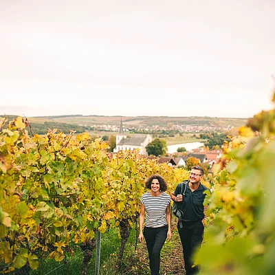 Zwei Personen gehen zwischen herbstlich gefärbten Weinreben auf einem Weg, Dorf und Kirche im Hintergrund.