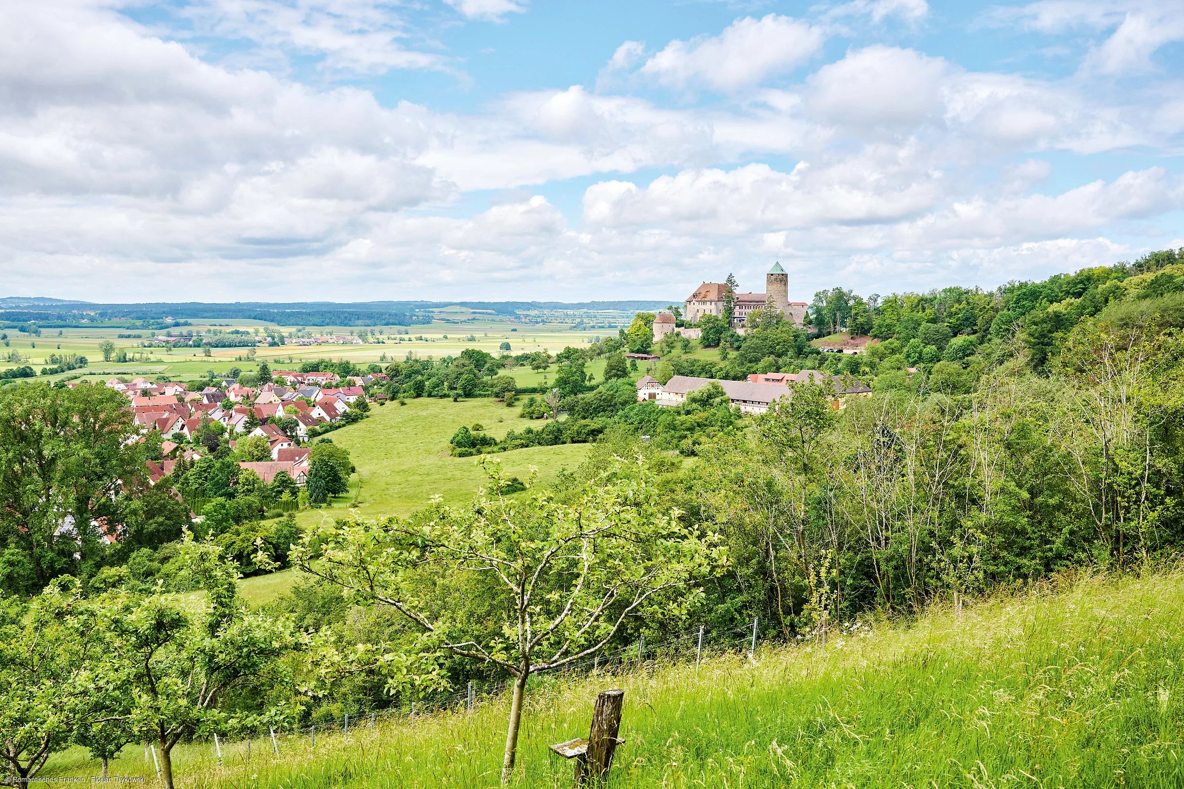 Blick auf eine grüne Landschaft mit Bäumen, Wiesen, einem Dorf mit roten Dächern und einer Burg auf einem Hügel.